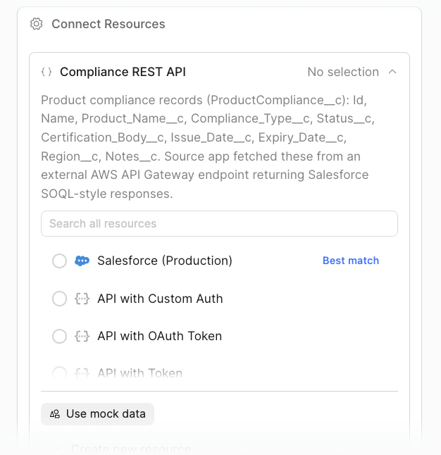 Connect Resources dialog