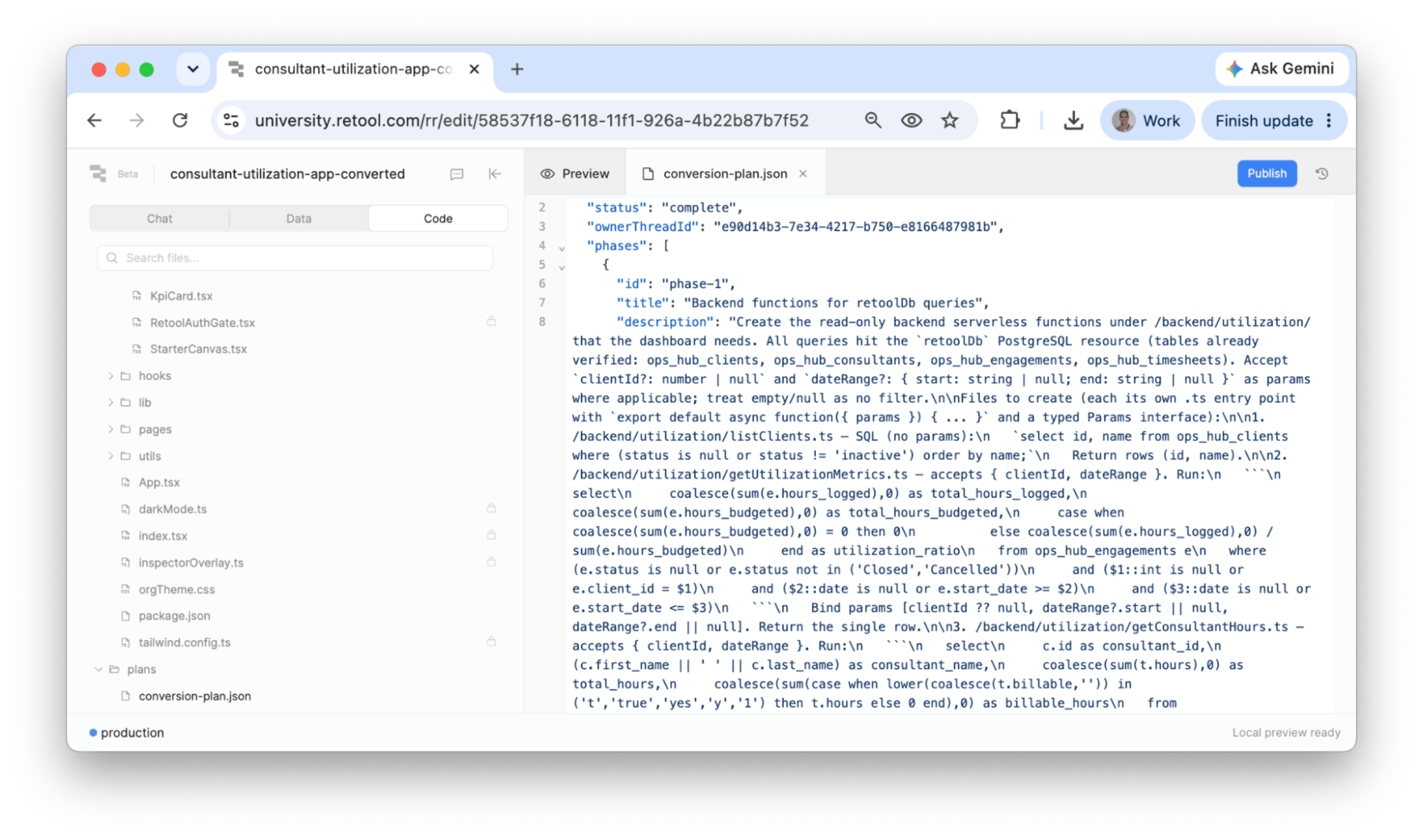 Conversion plan JSON in Code tab