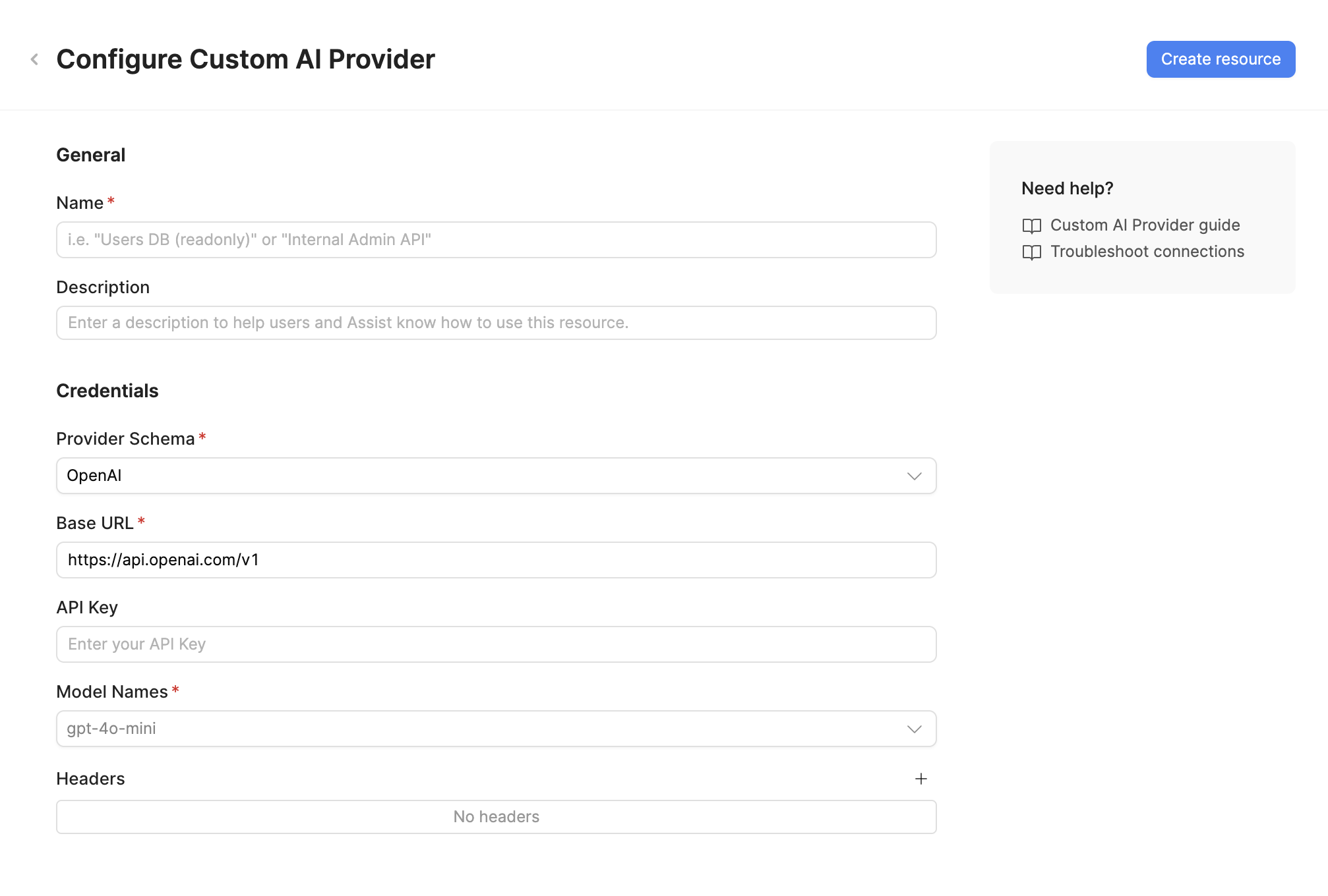 Custom AI Provider resource configuration