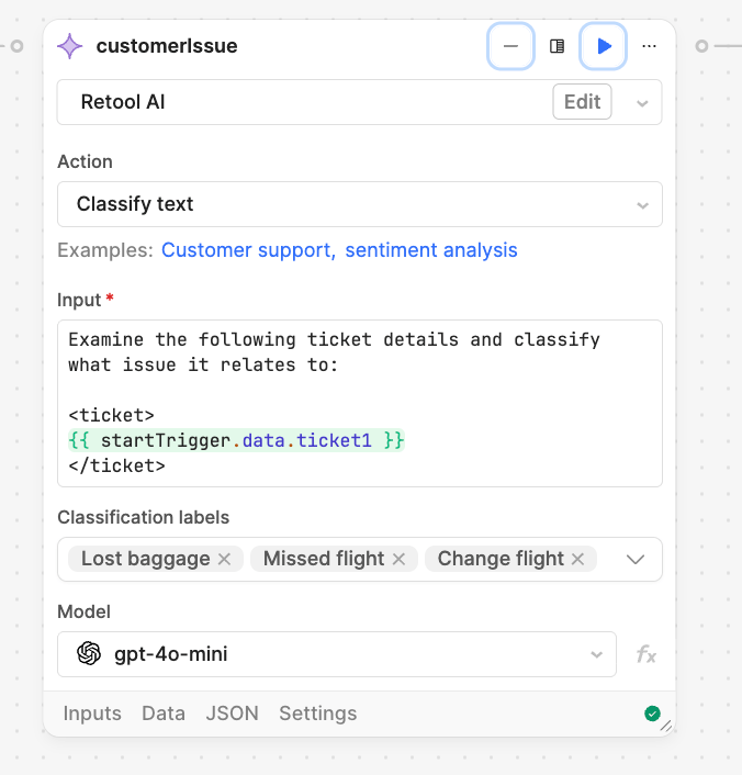 Retool Workflow using AI Action to integrate LLM Classifier