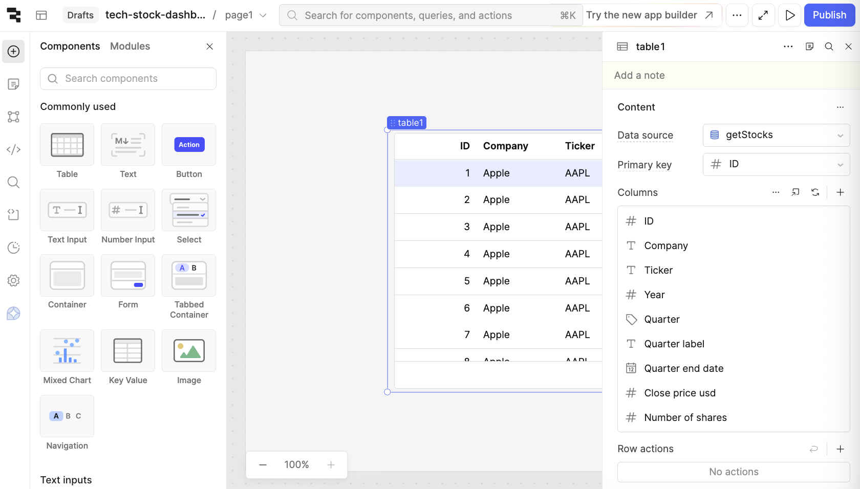 Data source with Table component