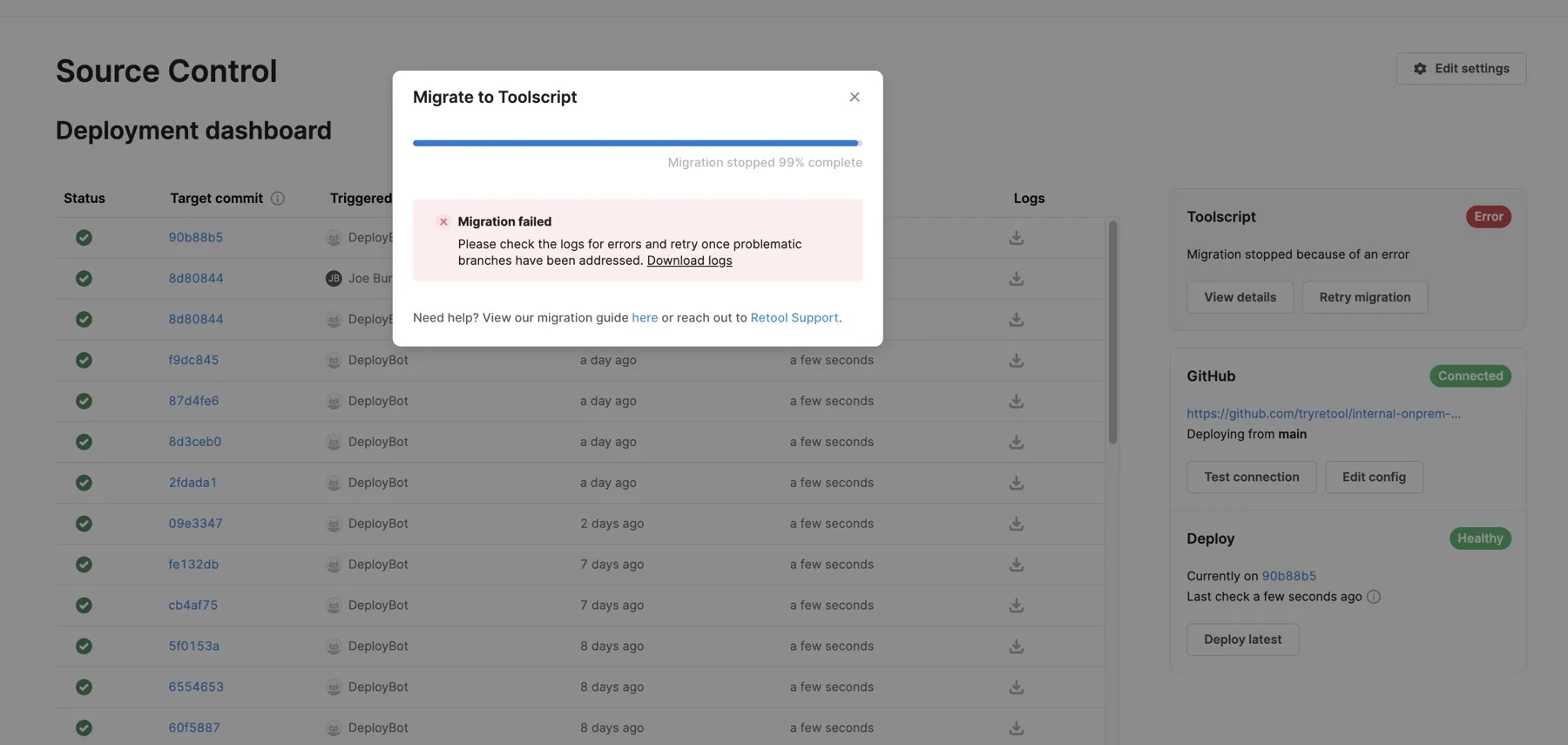 Migration with errors and downloadable logs