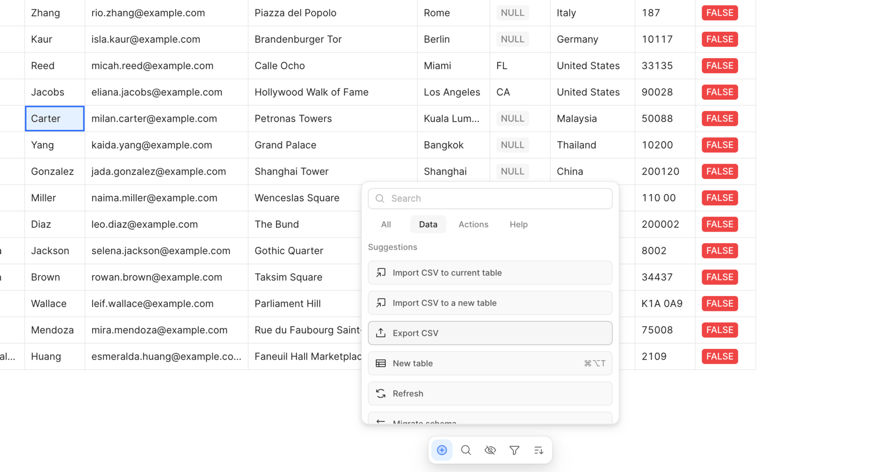Export a table as CSV from the toolbar.