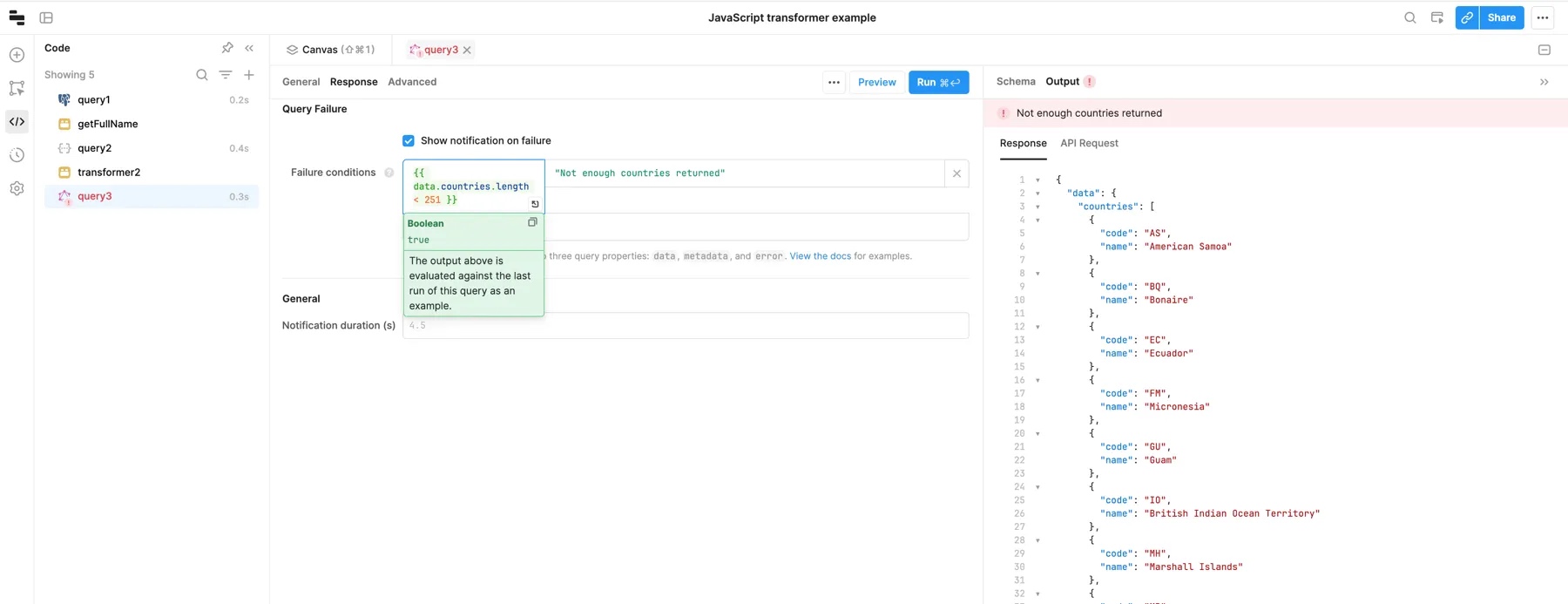 Example of a query failure condition