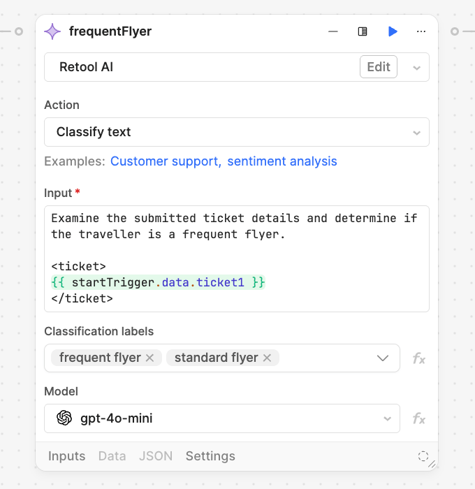 Retool Workflow using AI Action to integrate LLM Classifier