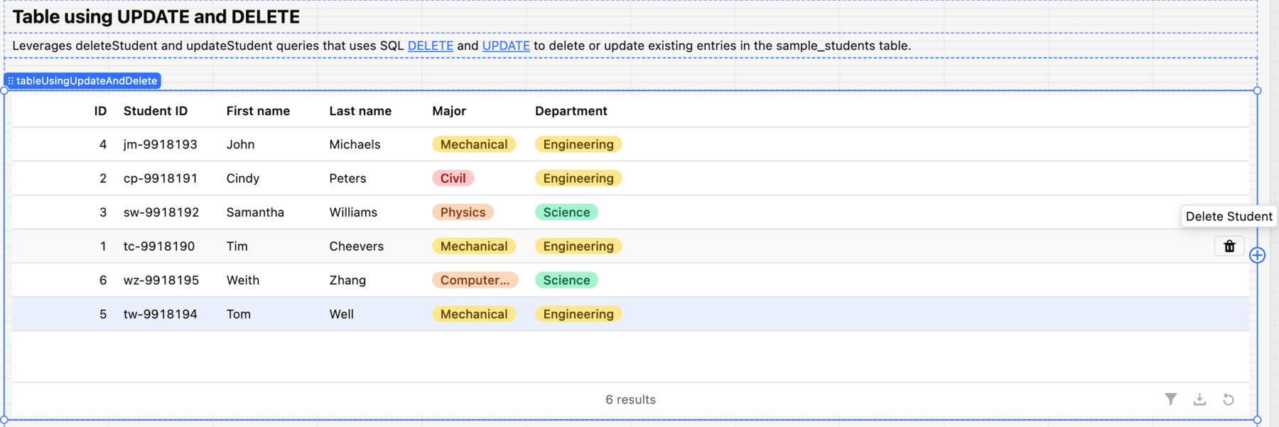 Delete row
