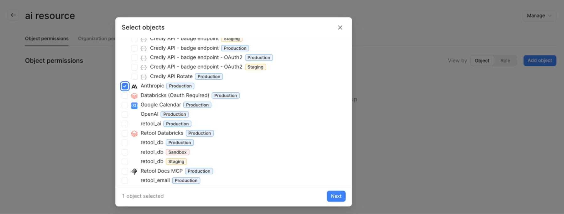 Group object permissions for an AI resource