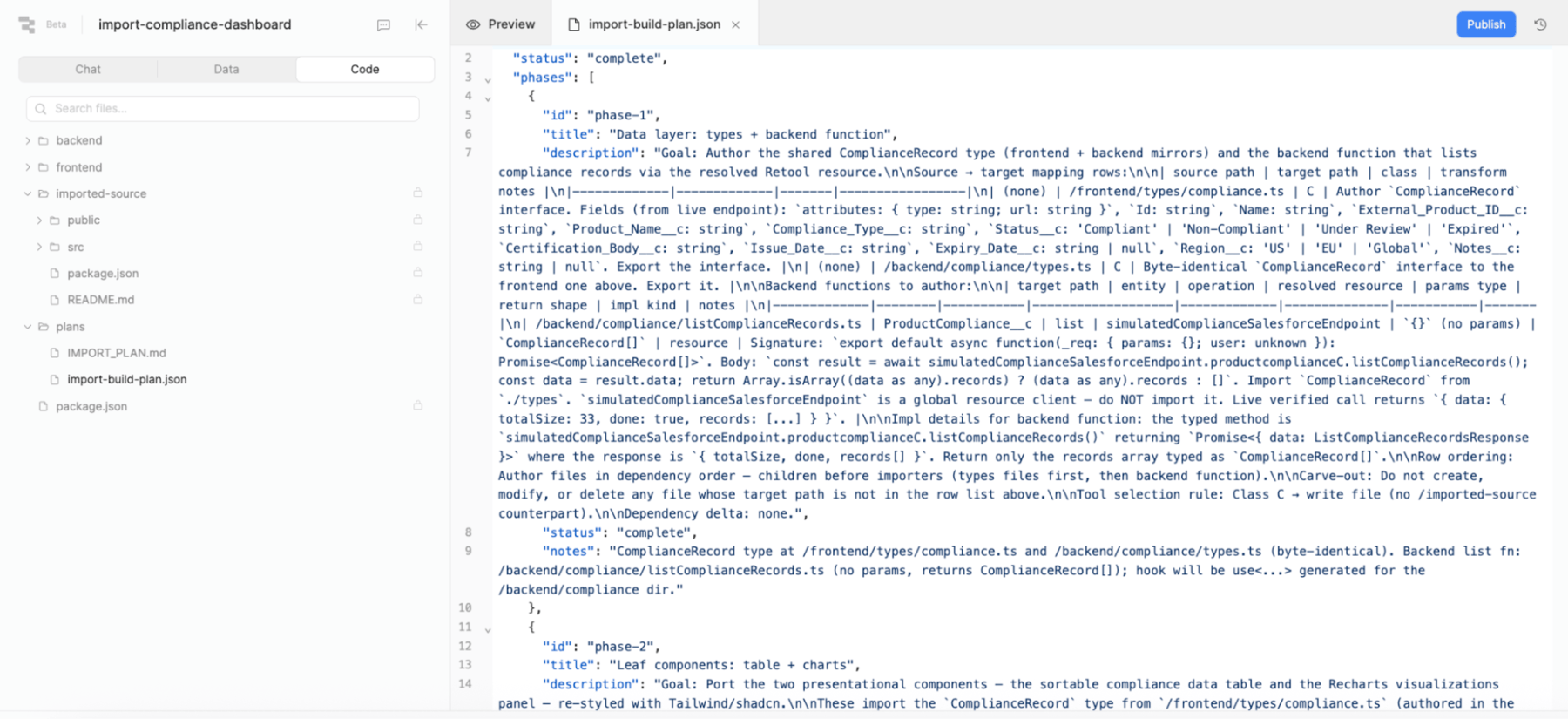 import-build-plan.json structure in the Code tab