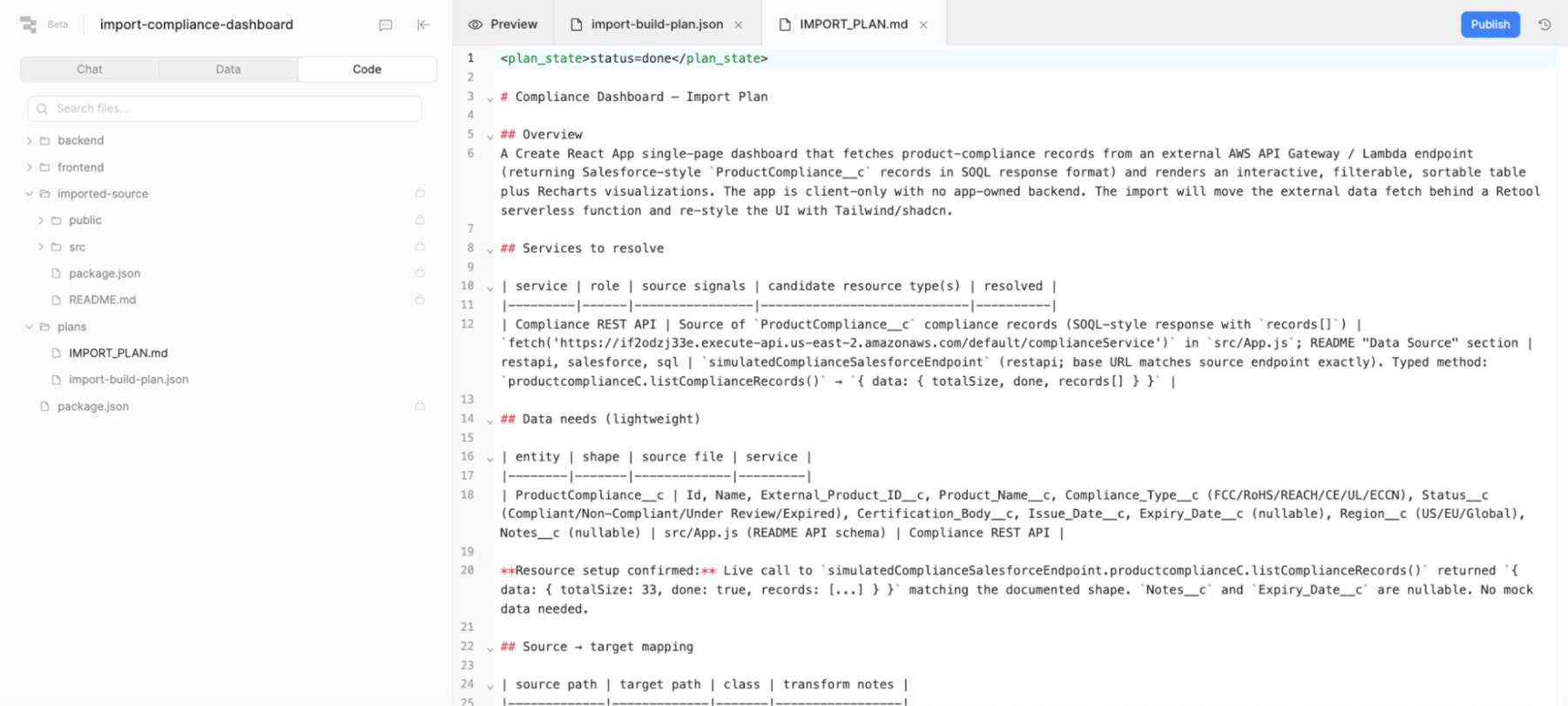 IMPORT_PLAN.md contents showing the agent's findings and plan