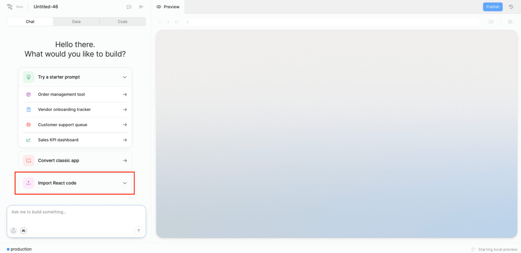 Import React code option in the Create app dialog