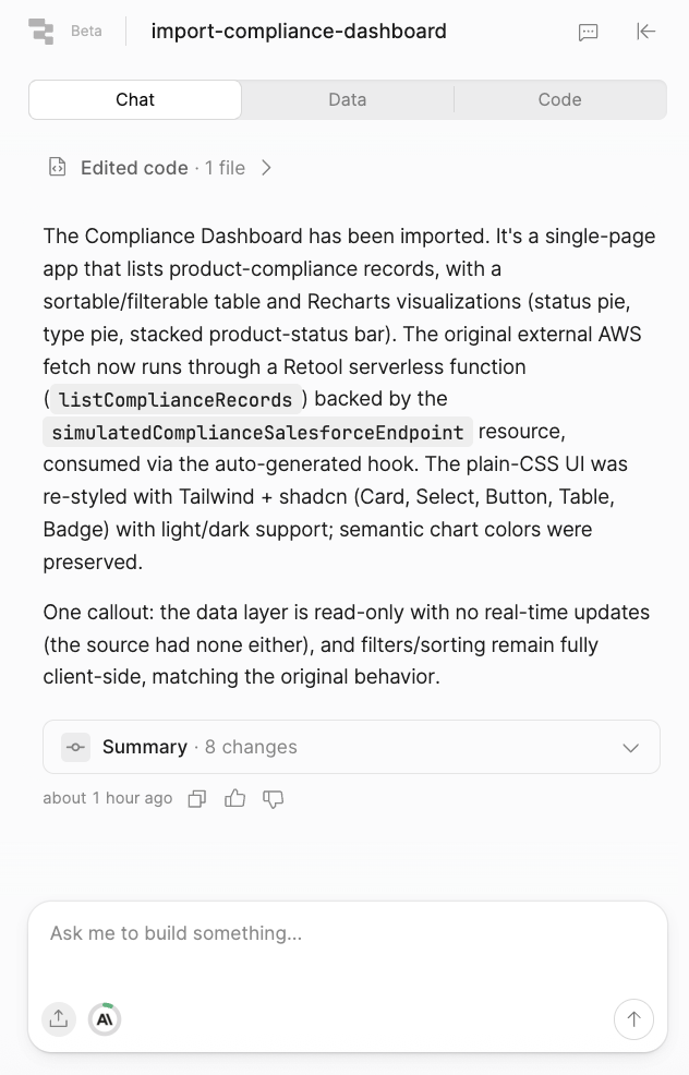 Chat panel showing import completion message