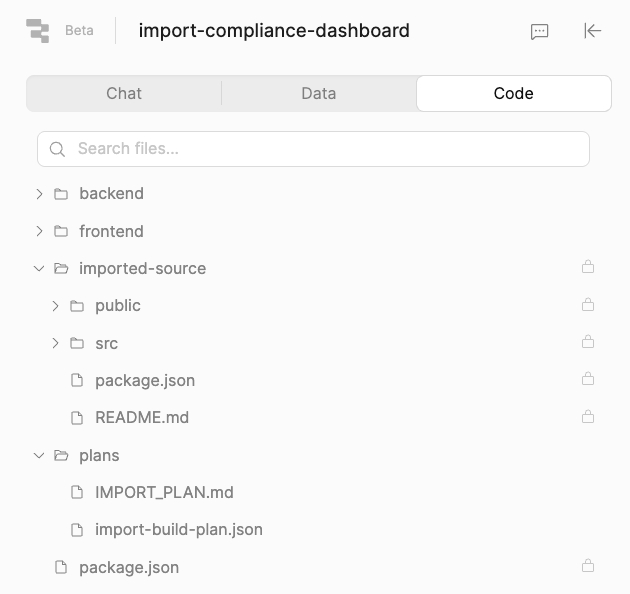 Code tab showing the imported-source and plans folders