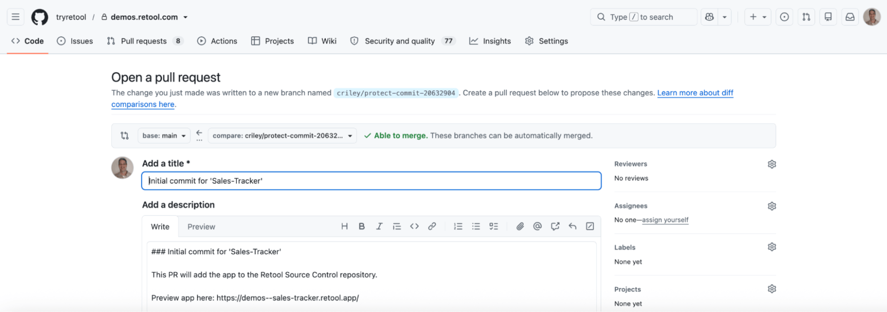 GitHub Open a pull request page showing the initial commit for the protected app