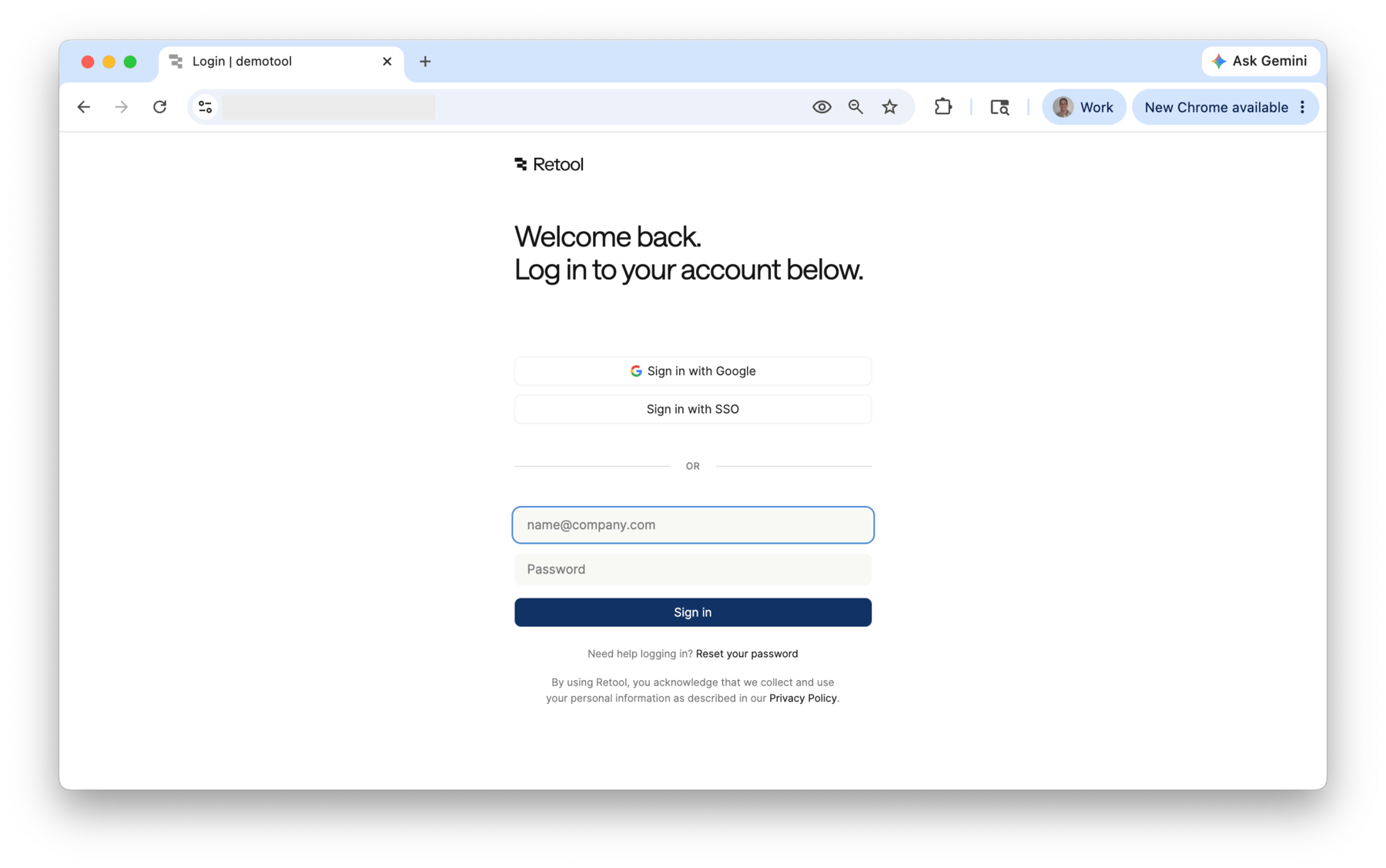 Retool authentication prompt