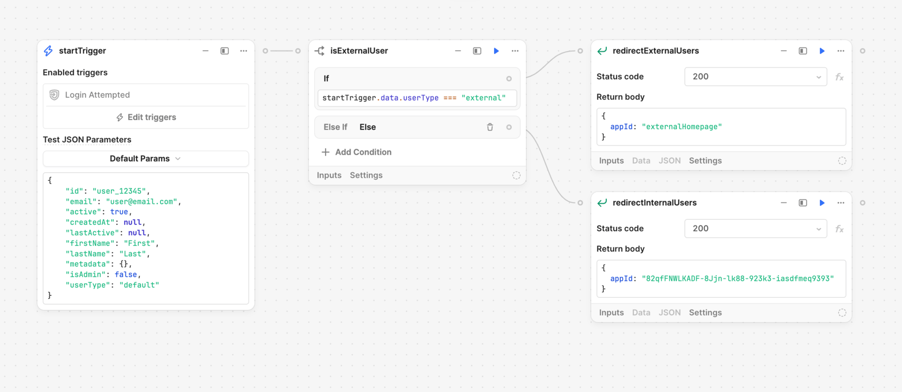 A workflow that redirects users using both a custom URL slug and an app’s ID.