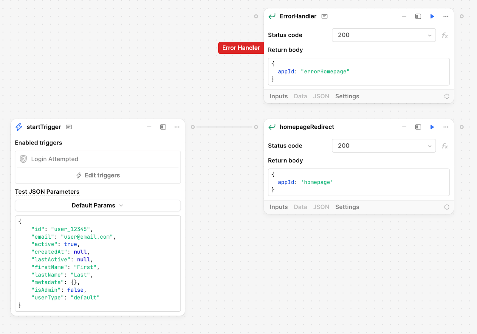 A workflow with a global error handler that redirects users to a custom error page Retool app.