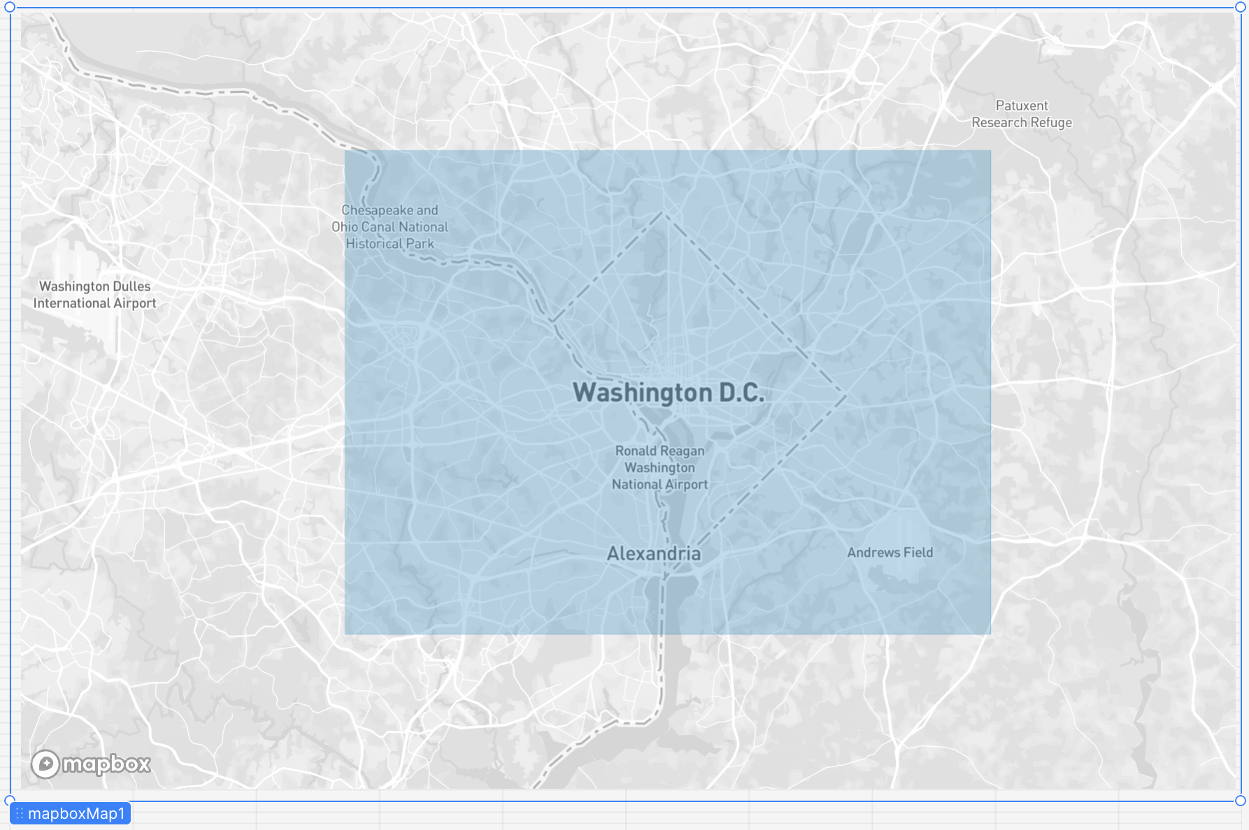 A Mapbox Map component showing a selection around Washington, D.C.