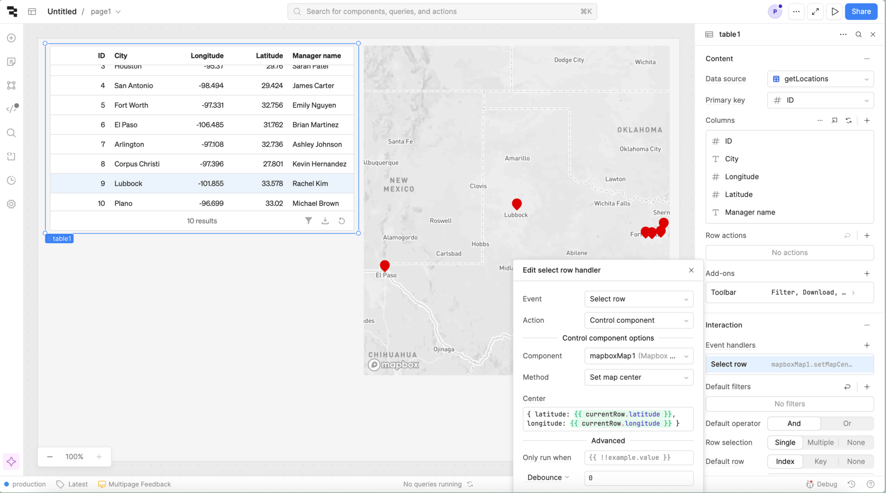 A Table event handler that updates the Mapbox Map center based on the Table's selected row.