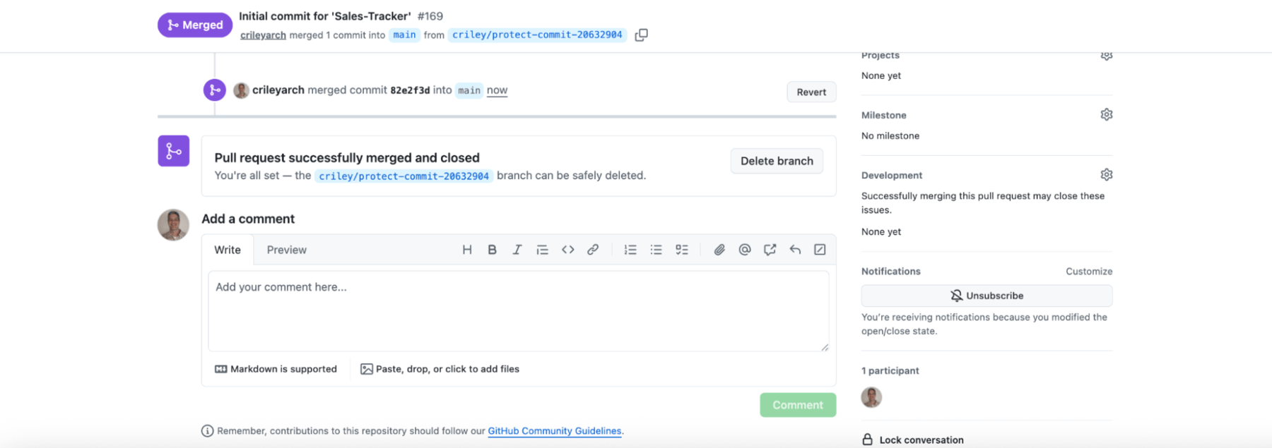 GitHub pull request page showing the PR successfully merged and closed