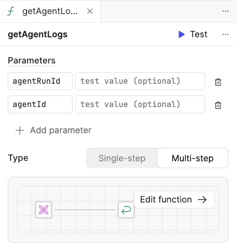 Multi-step function to get agent logs