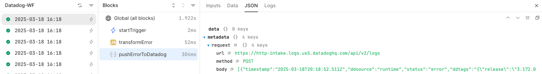 Run history for Datadog-WF workflow