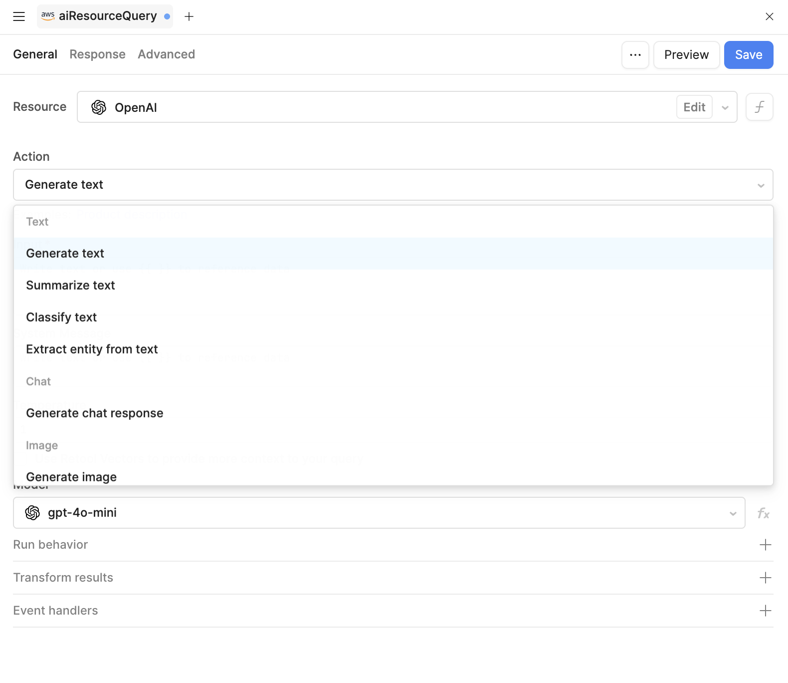 OpenAI query editor showing action types