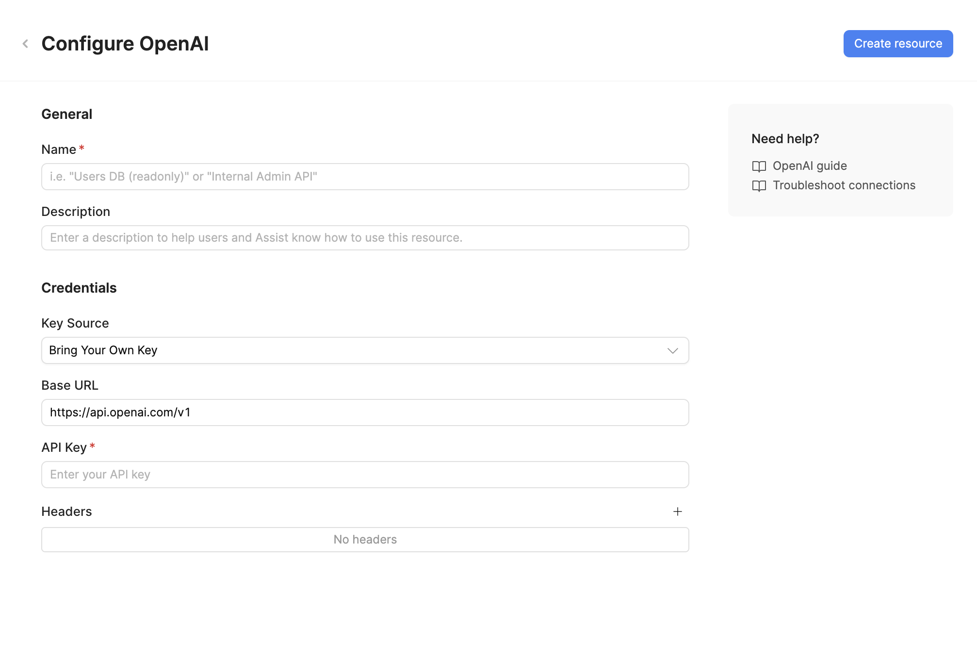 OpenAI resource configuration with your own API key