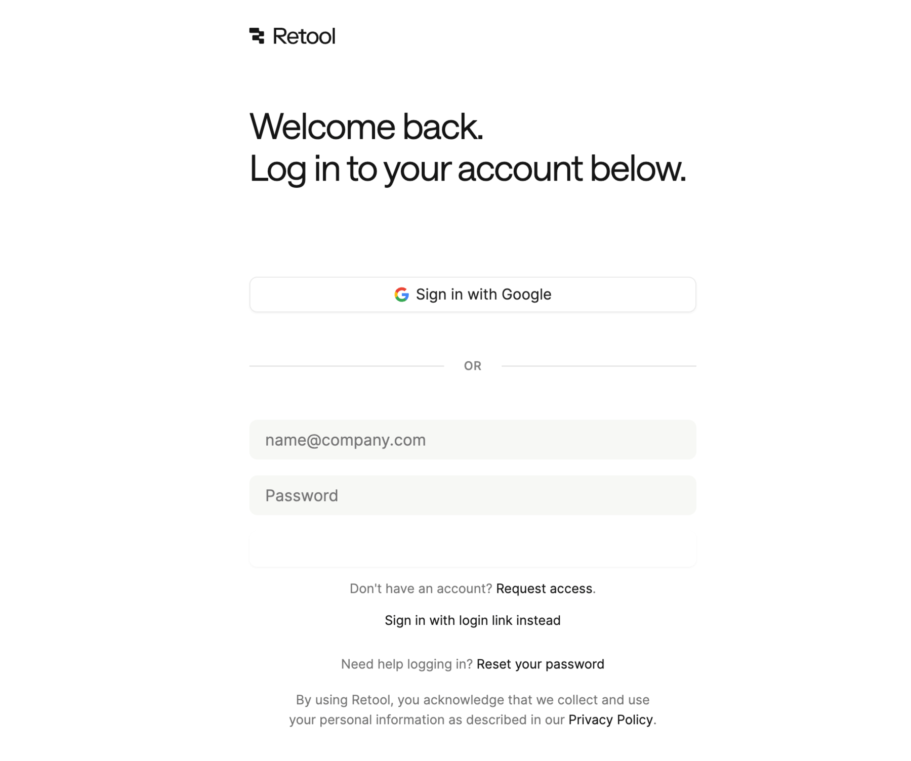 Retool login page showing the Log in with a link instead option.
