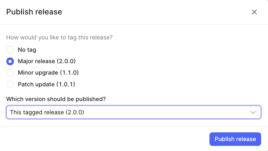 Publish release dialog showing the tagged version and publish target selection