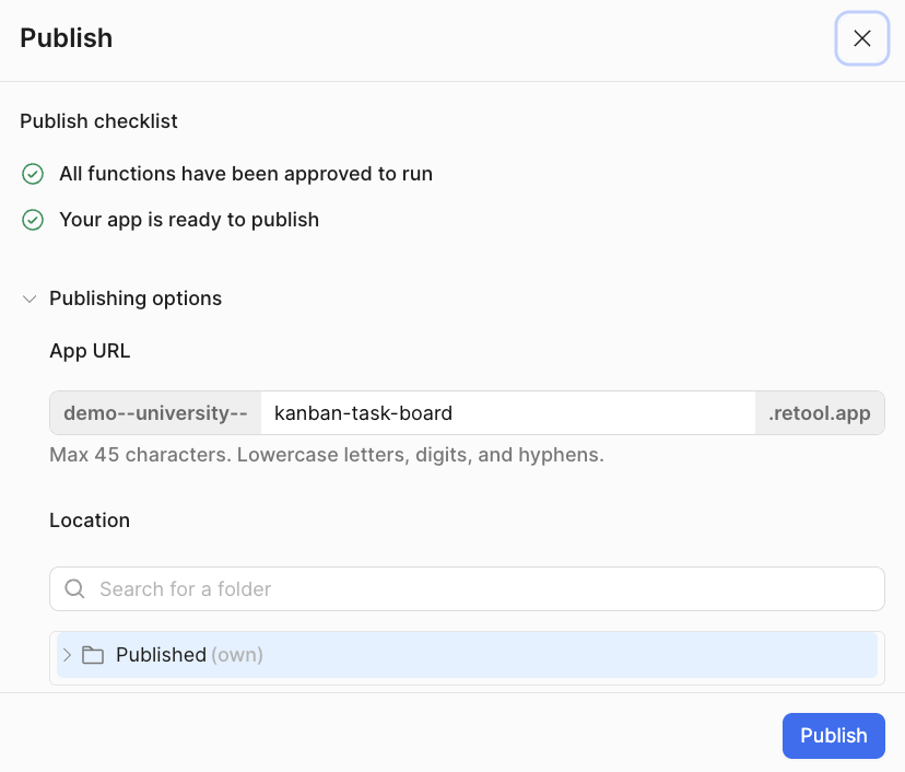 Publish dialog