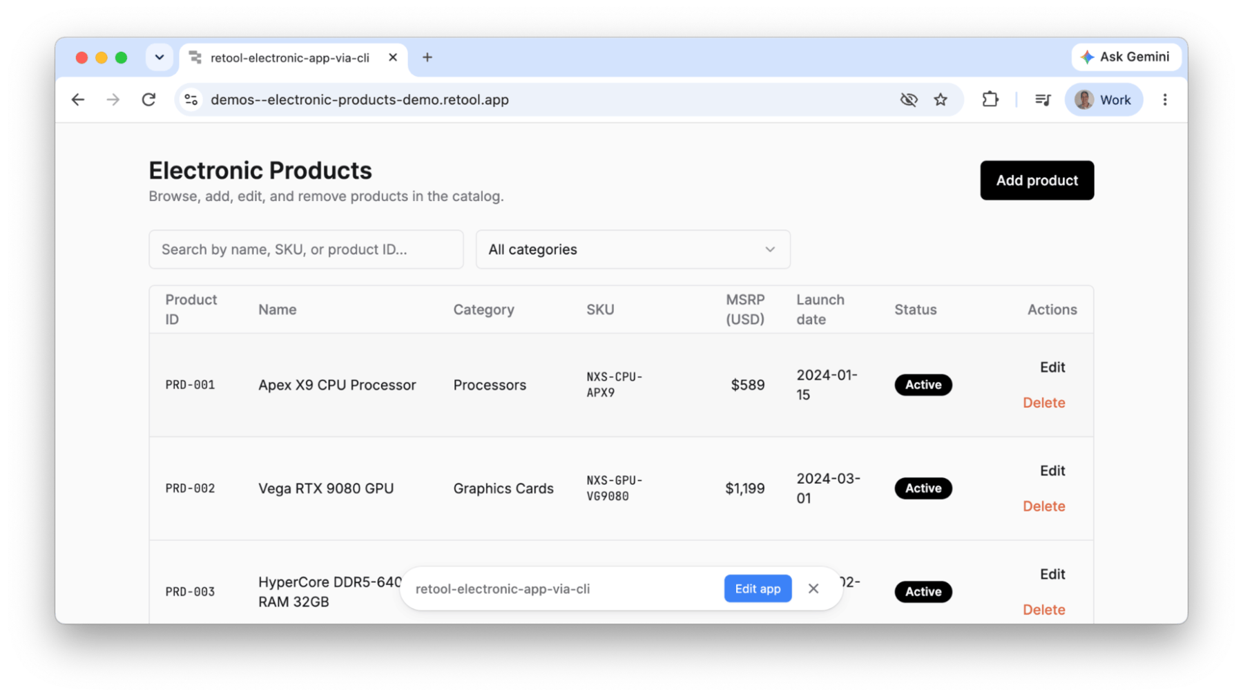 Published application live URL