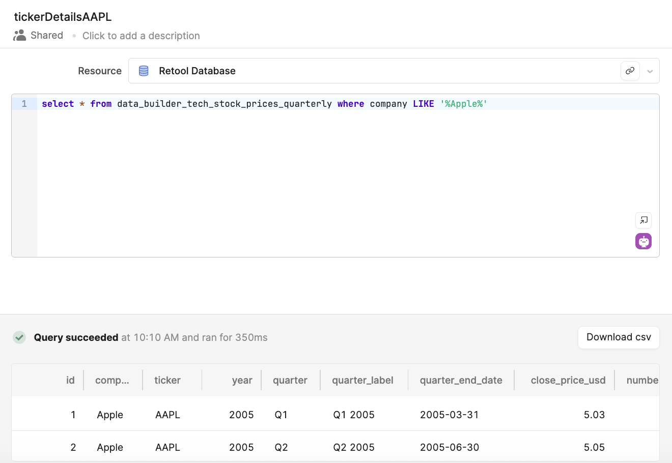 AAPL query results in Query Library