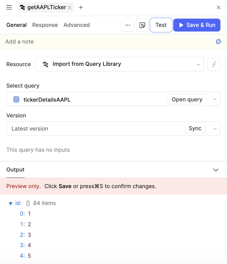 Import query from library — getAAPLTicker configuration
