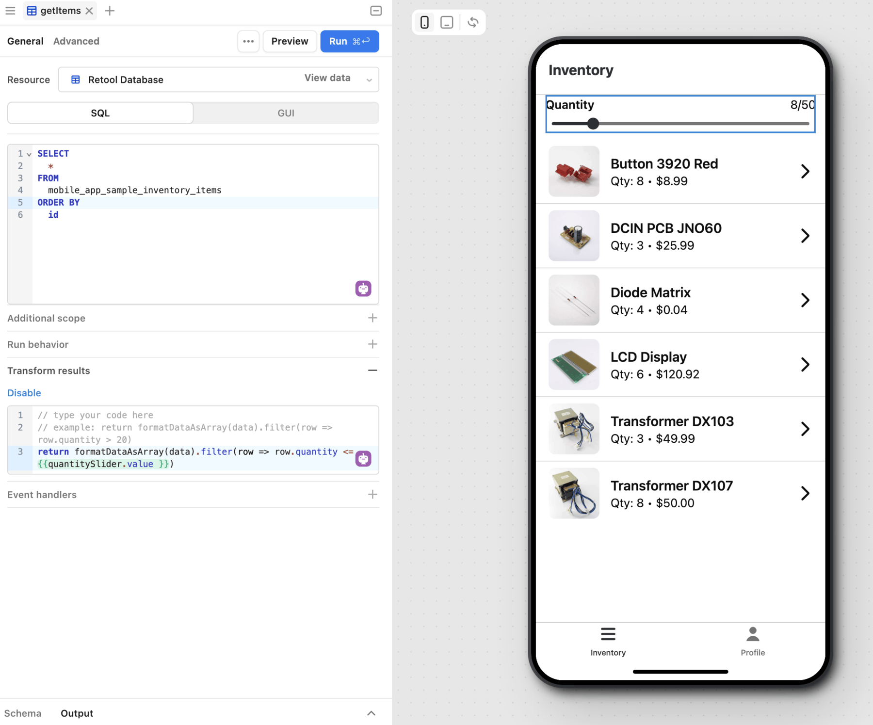 The query data dynamically transforms as the slider value changes.