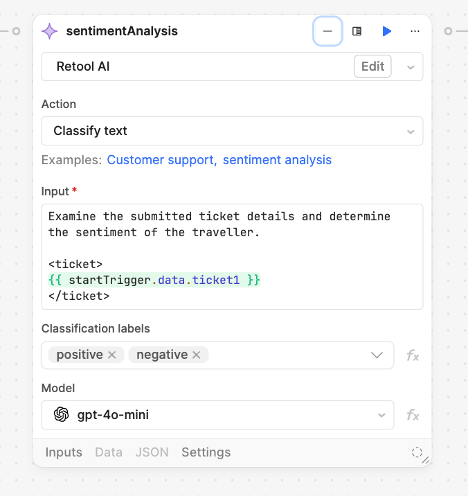 Retool Workflow using AI Action to integrate LLM Classifier