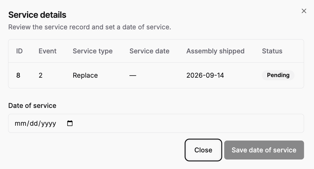 Service date picker and save button