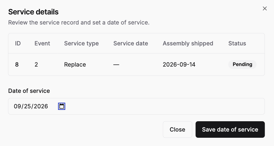 Service date saved confirmation
