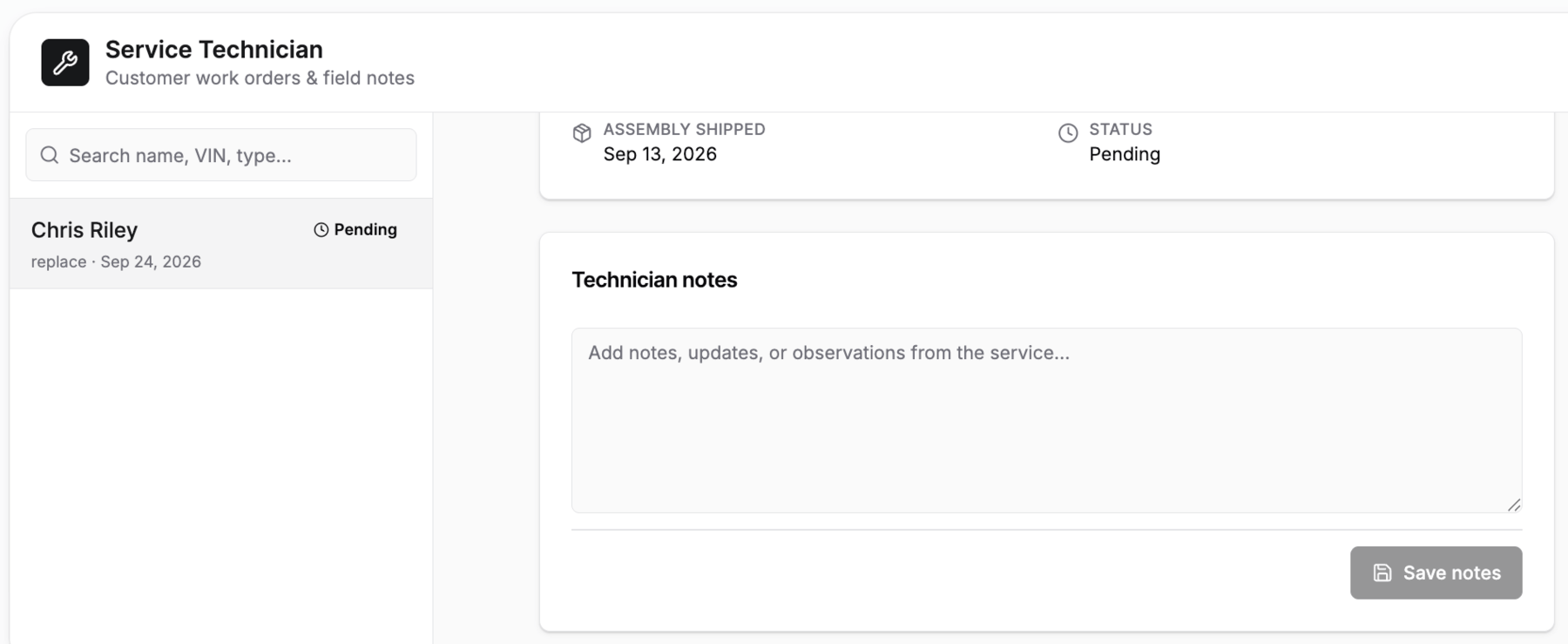 Service note area verification