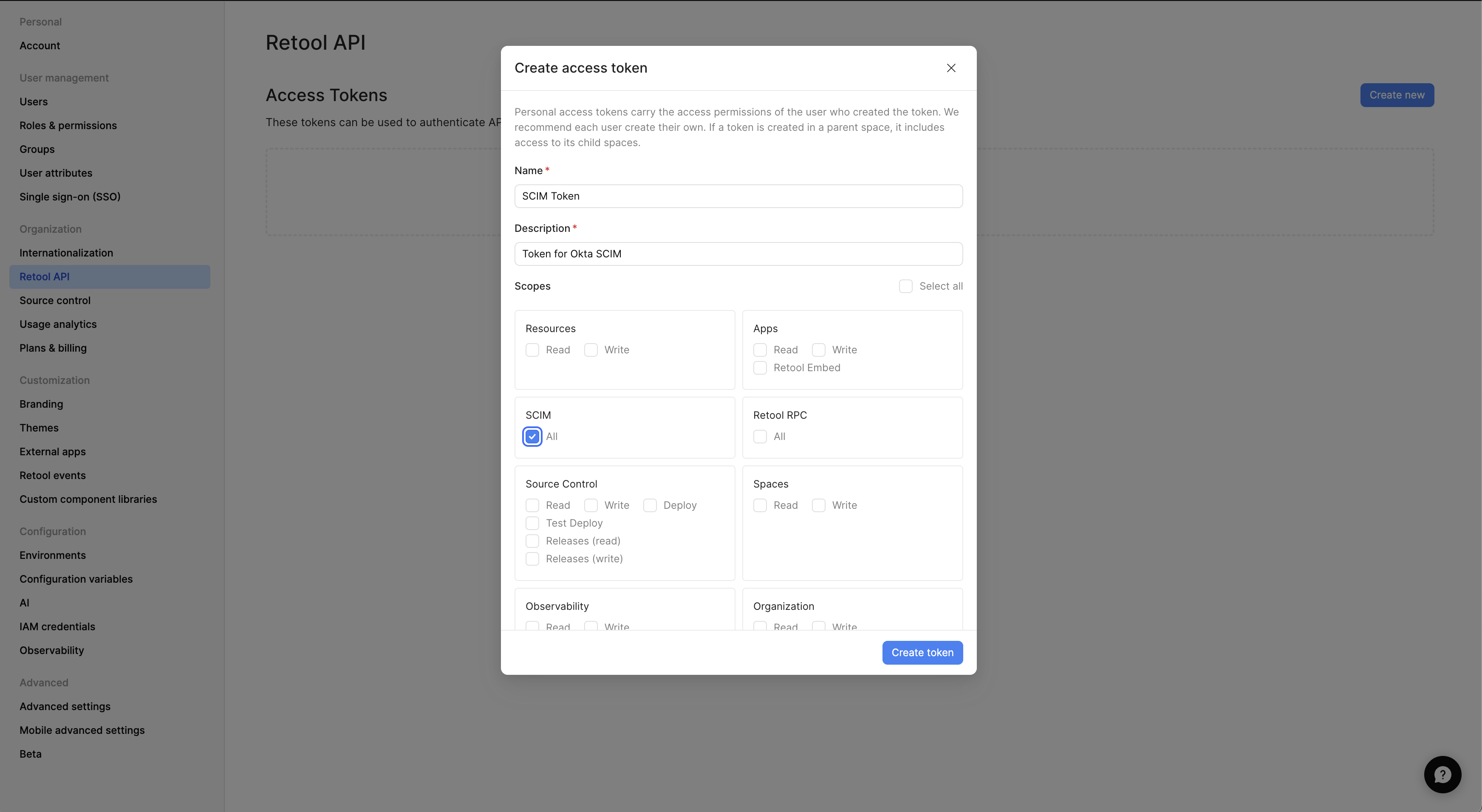 Create a SCIM access token