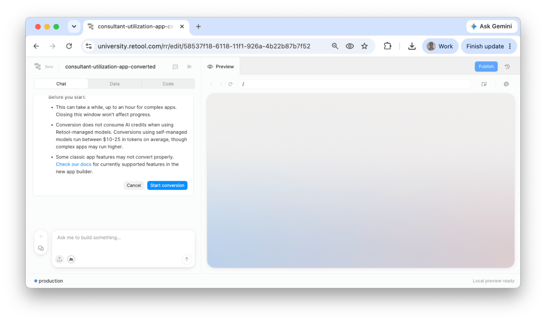 Chat window showing Start conversion button