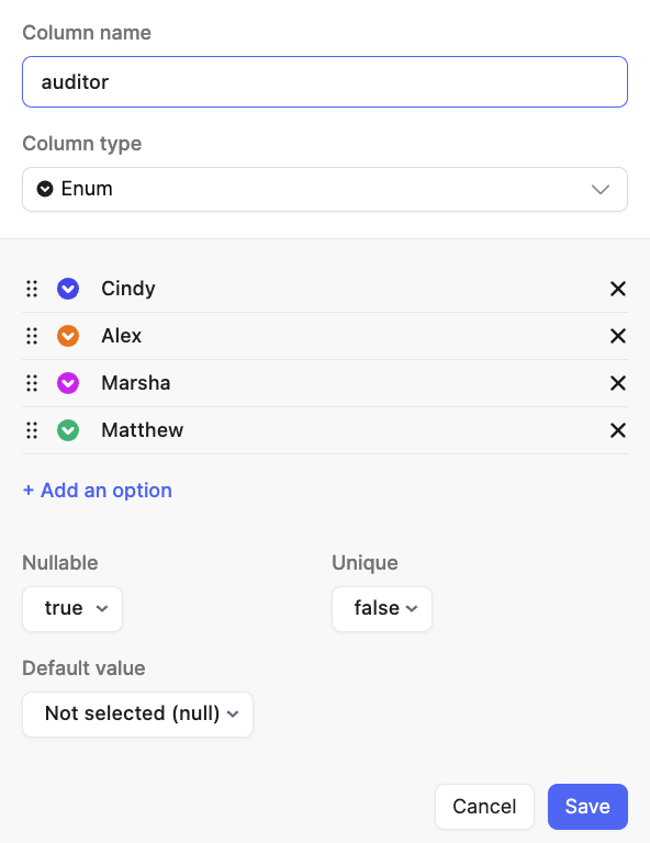 Enum options dialog for auditor column
