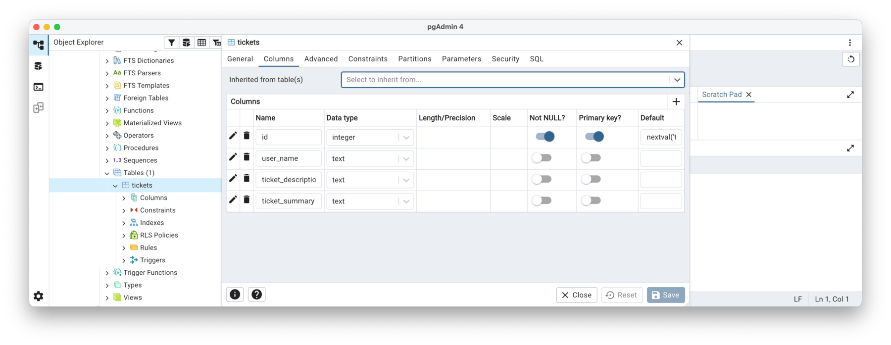 Tickets Table Properties