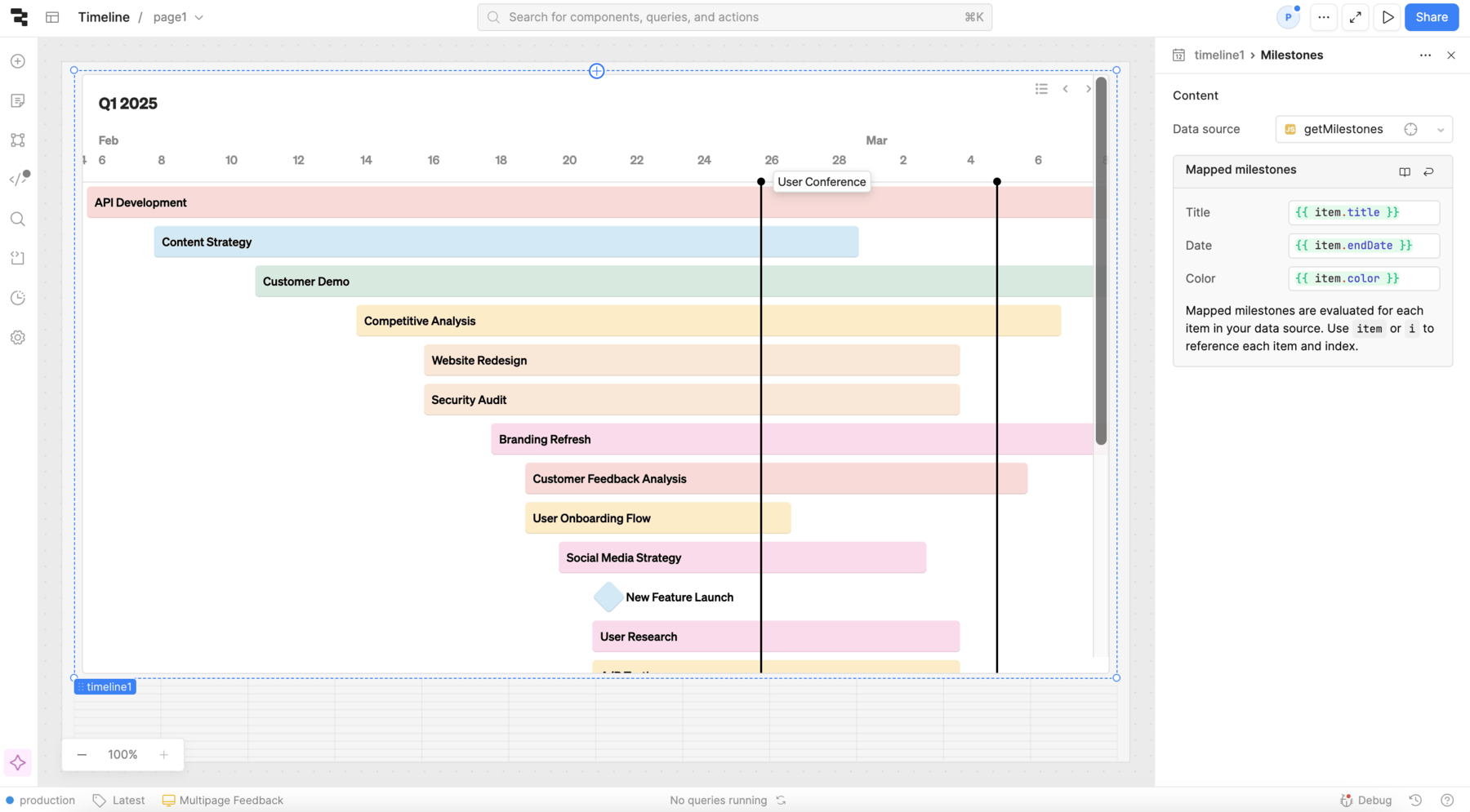 A Timeline with milestones, displayed as black vertical lines.