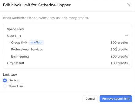 User detail showing limit overrides