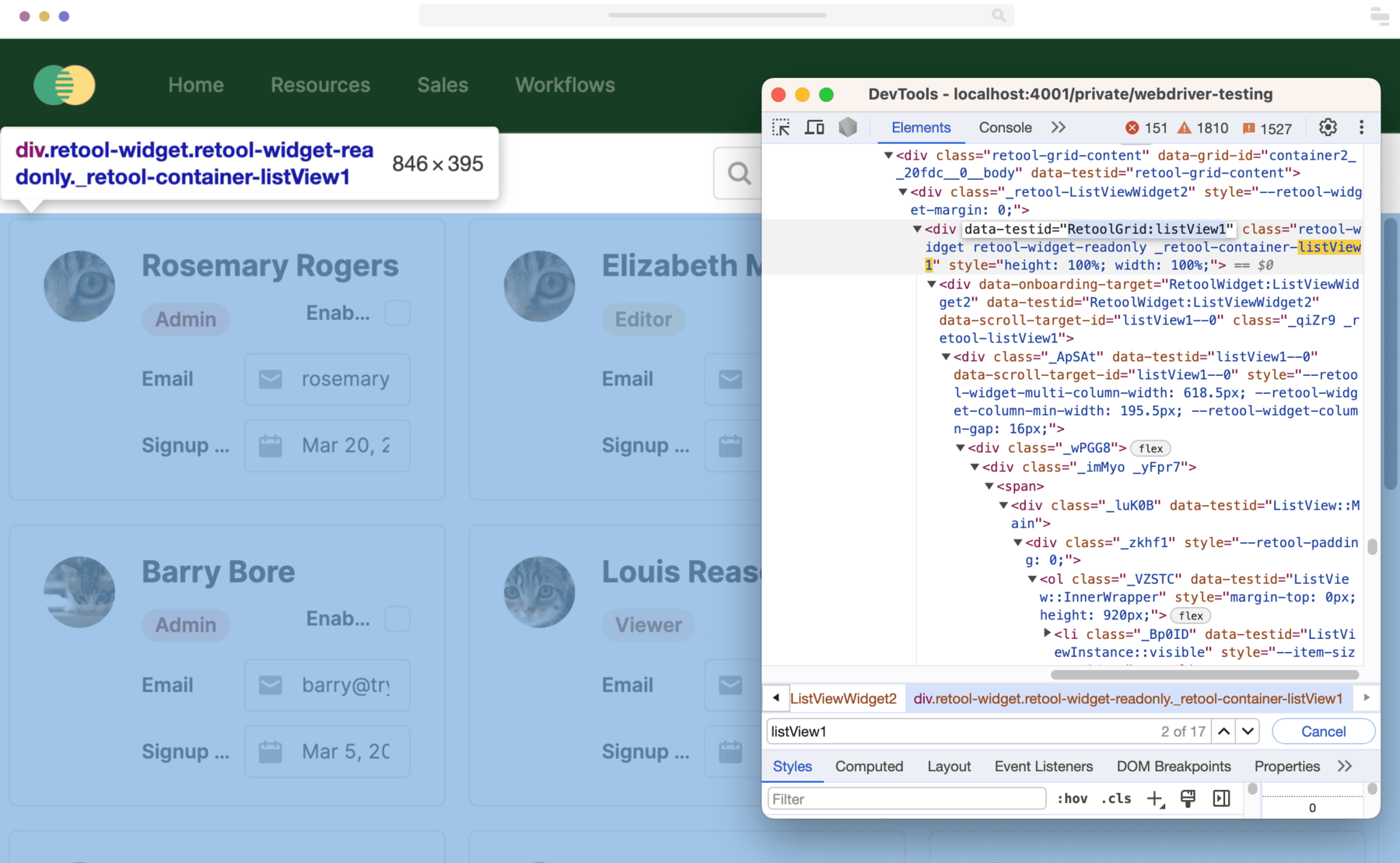 User management app in Retool with the element inspector.