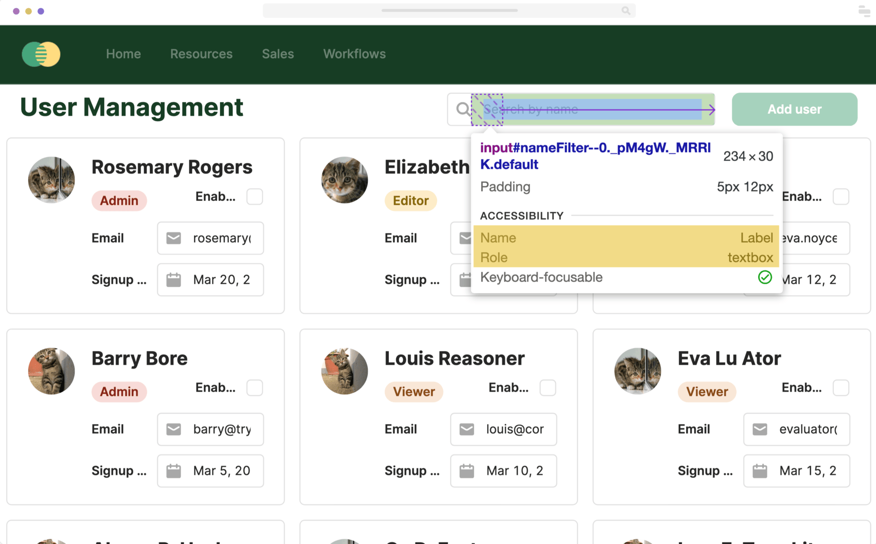 Search bar is highlighted in the element inspector