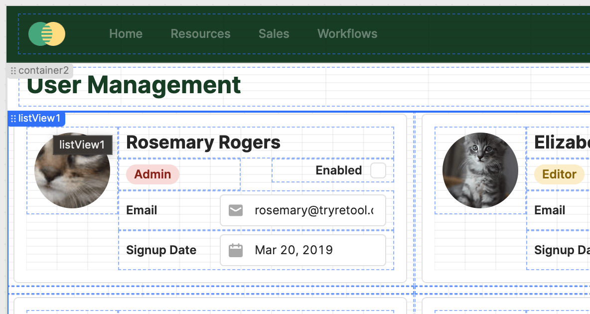 User management app in Retool editor.