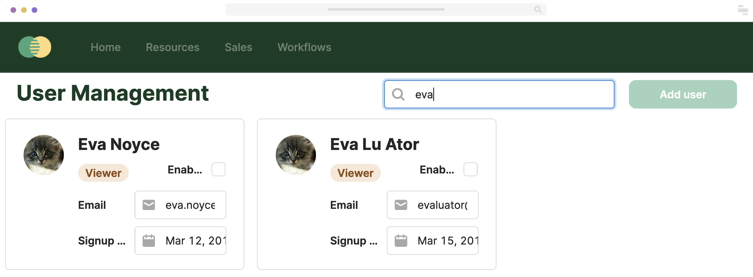 A user management app with user tiles with basic information displayed and a search bar with &#39;eva&#39; in the top right corner.