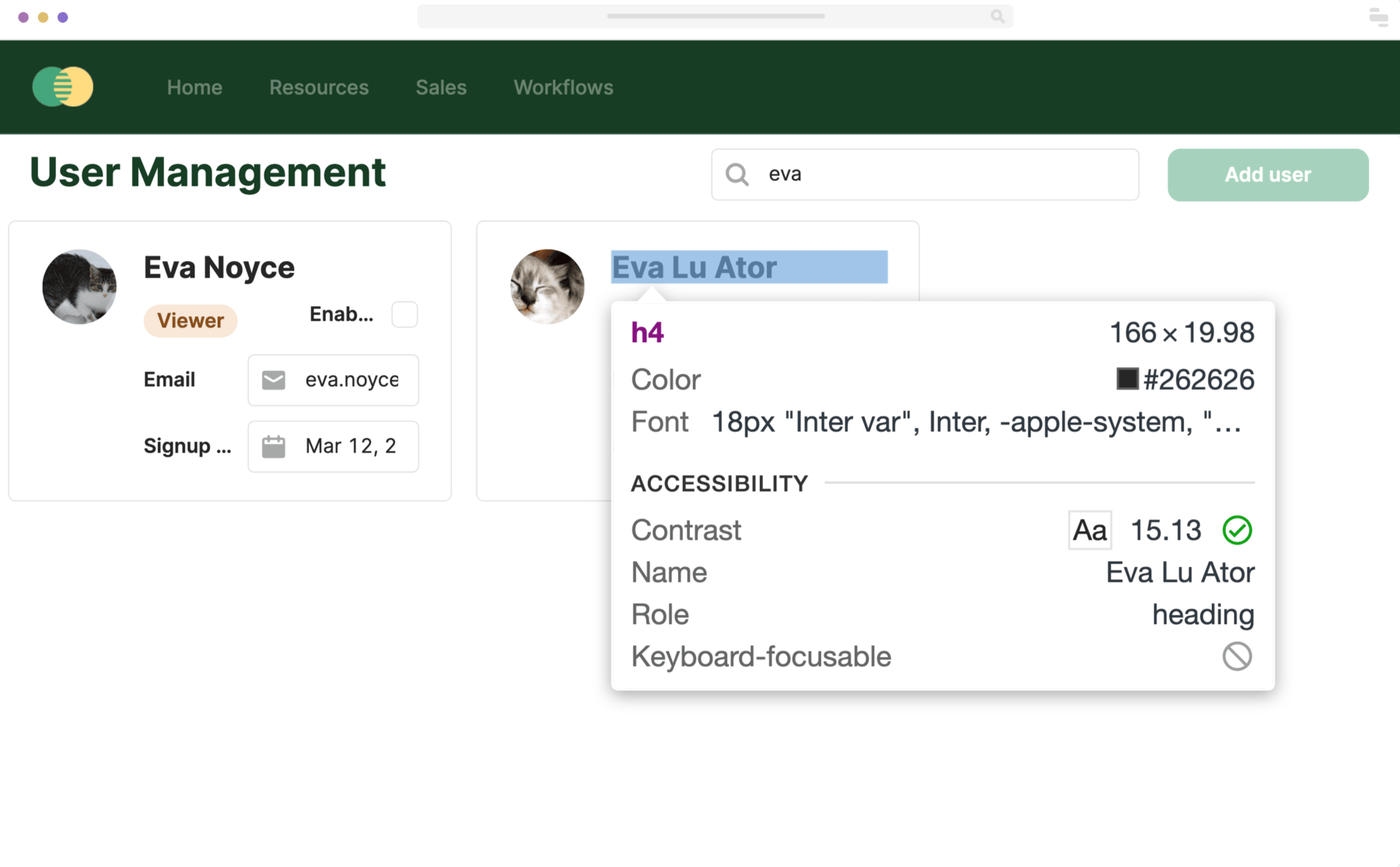 The name text 'Eva Lu Ator' is highlighted in the element inspector.