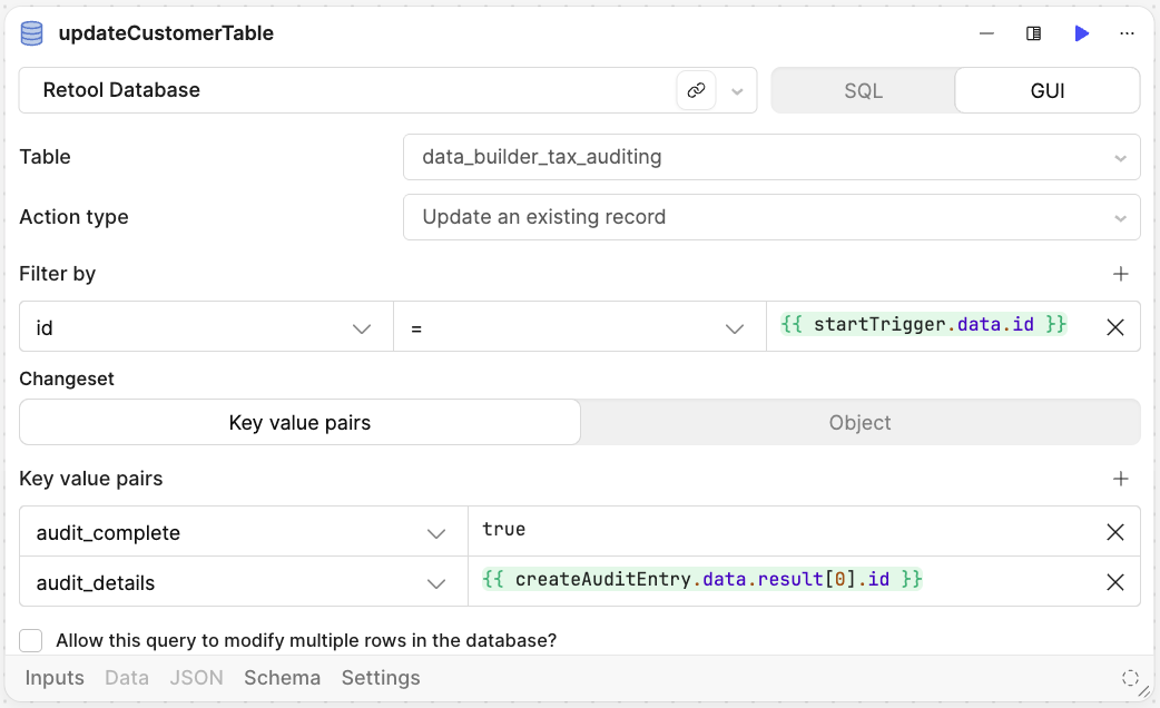 updateCustomerTable block configuration